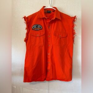 Harley Davidson | Orange Sleeveless Button-Up Shirt with Patch | Size Medium